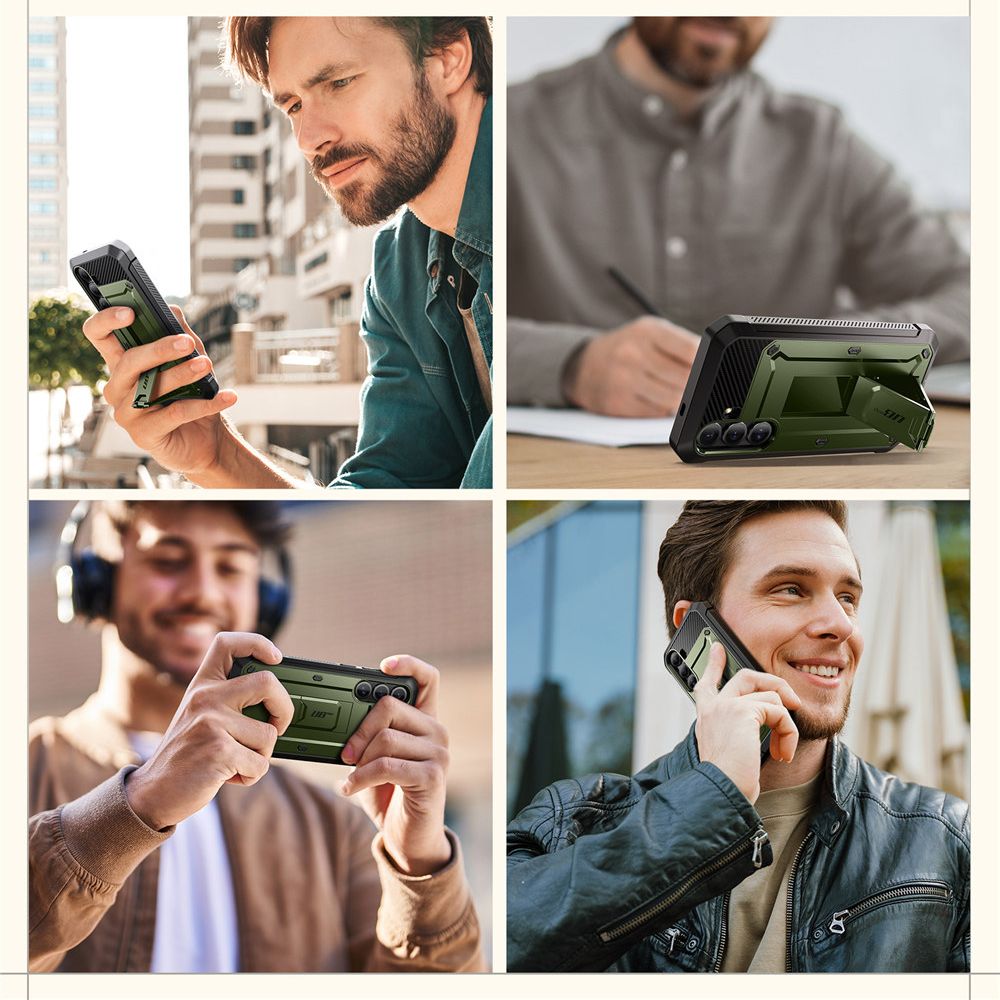 Etui pancerne z osłoną na ekran, z wbudowaną podstawką i kaburą z klipsem obrotowym Supcase Unicorn Beetle Pro do Galaxy S25, zielone